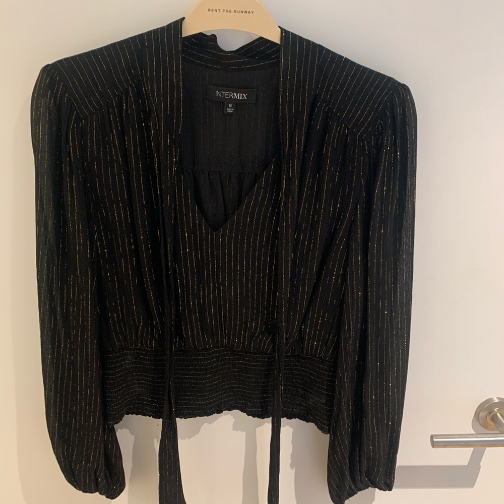 Intermix Black silk blouse w neck tie